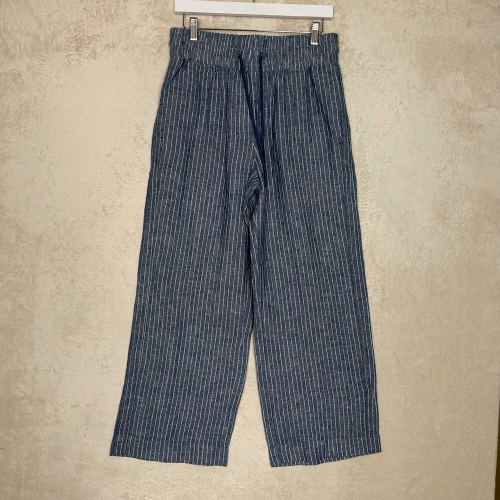 Quince 100% Linen Wide Leg Pinstripe Pants Blue White Drawstring Medium NWT